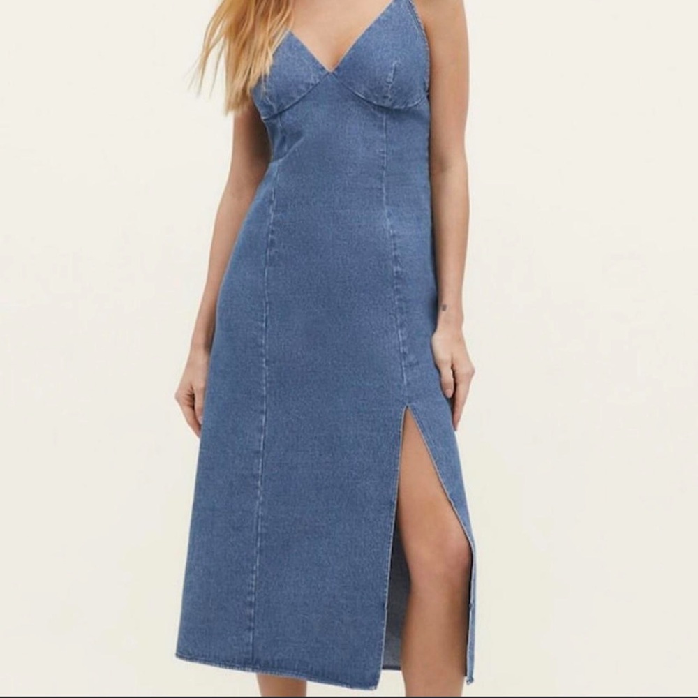Denim Blue Slip Midi Dress with Side Slit